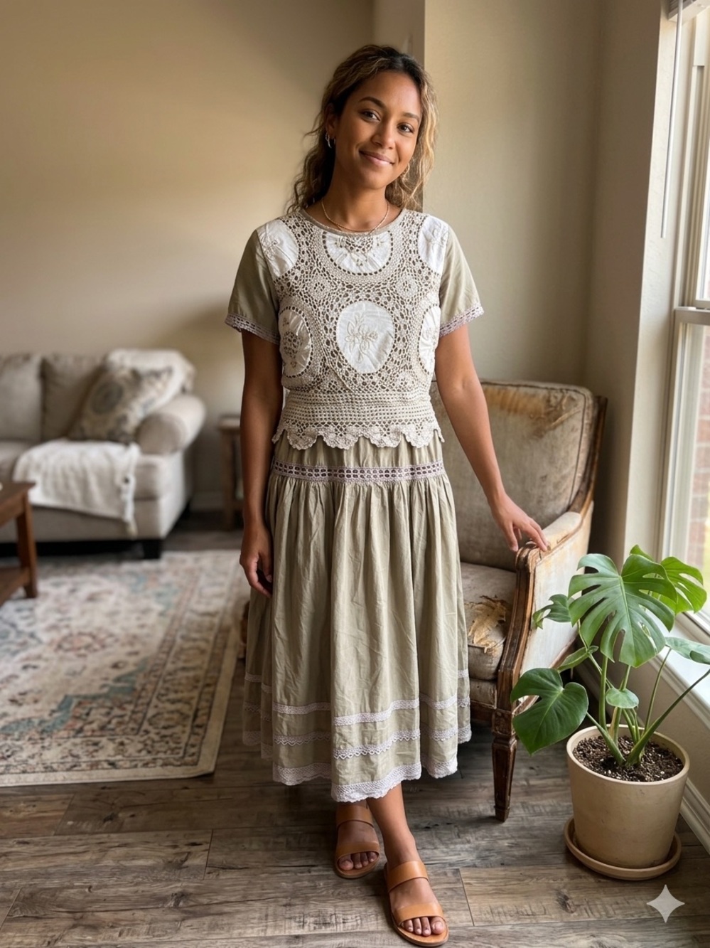BONDI BORN Olive Khaki Midi Skirt with Crochet Lace Insets